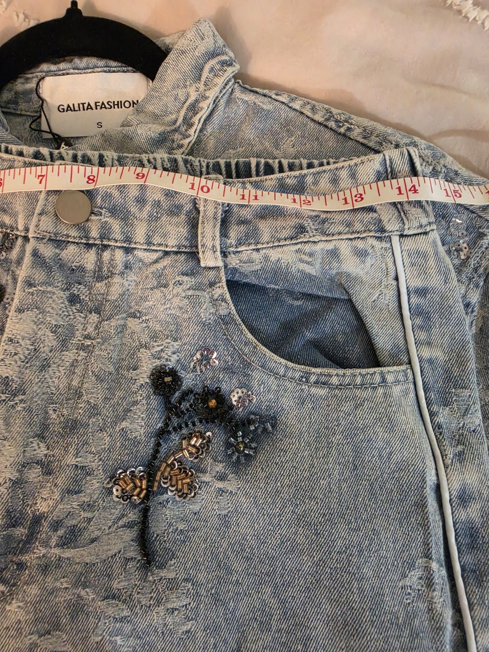 Light Blue Floral Embroidered-Lace detail Denim Shaket And Pant Set - Women-SM - Picture 14 of 16